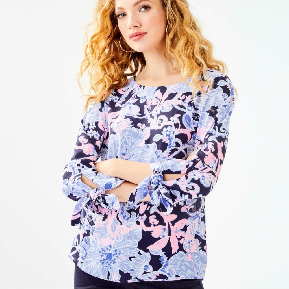 Lilly Pulitzer Langston Top Blouse Blue Pink Black Floral Tie 3/4 Sleeve 4 6 S